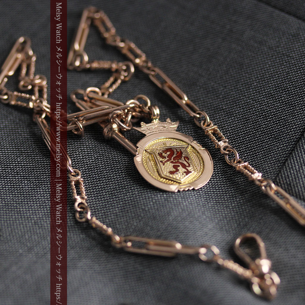 エナメルの赤竜の飾り 金無垢アンティーク懐中時計チェーン