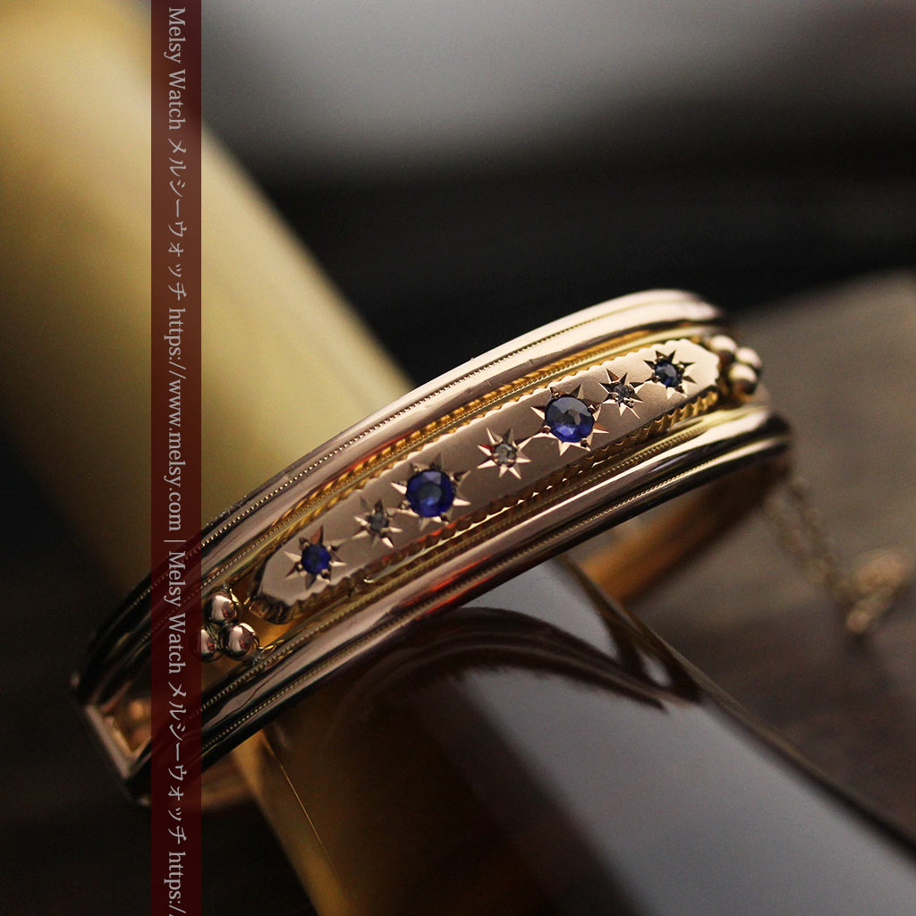 青い宝石とダイヤの金無垢アンティークバングル・ブレスレット 【1910年頃】