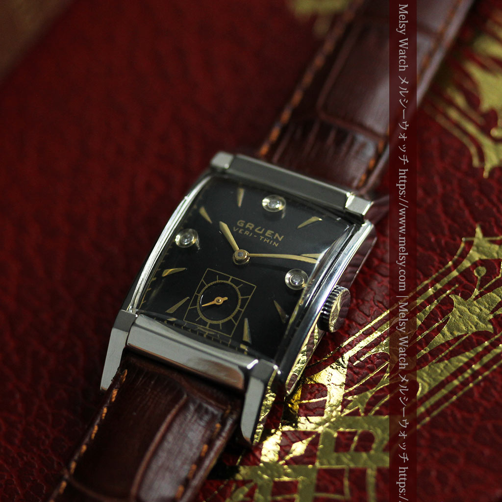 グリュエン アンティーク腕時計 金銀混色に3点ダイヤ&黒文字盤