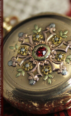赤い宝石と美しい装飾と文字盤 エルジンの金無垢アンティーク懐中時計 【1899年頃】 箱付き-P2375-1