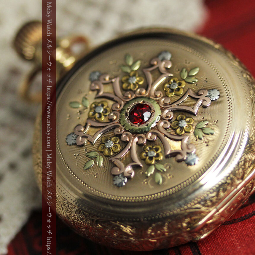 赤い宝石と美しい装飾と文字盤 エルジンの金無垢アンティーク懐中時計 【1899年頃】 箱付き-P2375-1