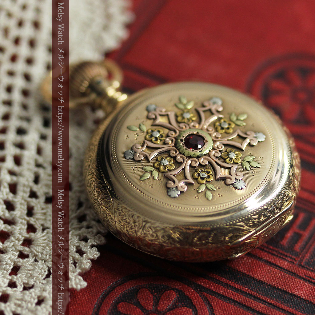 赤い宝石と美しい装飾と文字盤 エルジンの金無垢アンティーク懐中時計